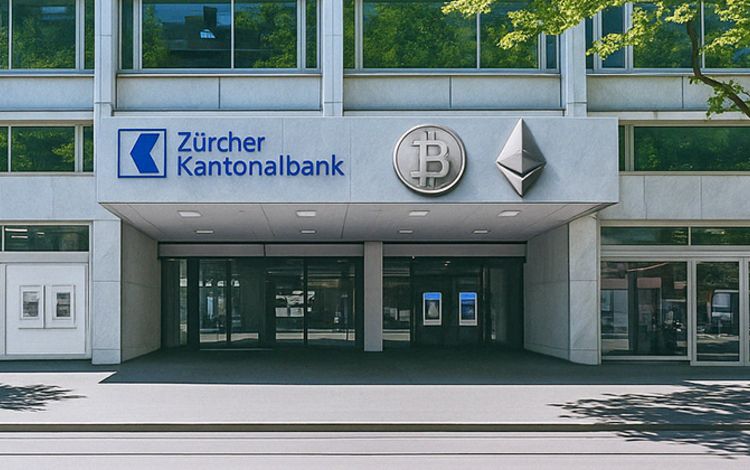 Hauptsitz der Zürcher Kantonalbank mit den Symbolen von Bitcoin und Ethereum an der Fassade