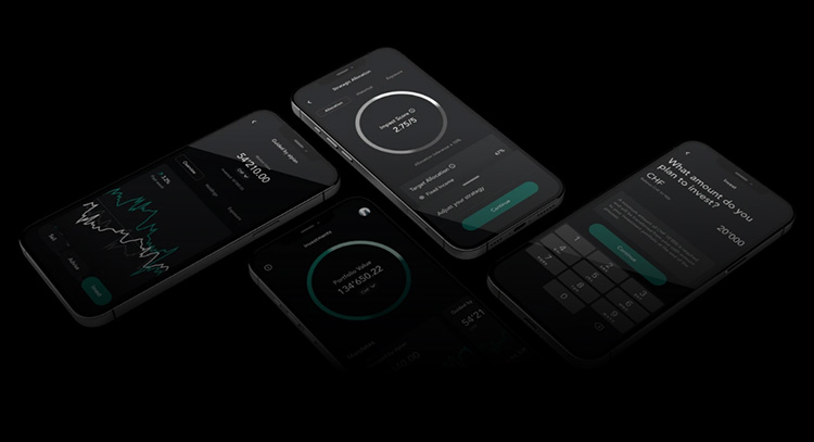 Verschiedene Smartphone-Ansichten der App der Neo-Bank Alpian