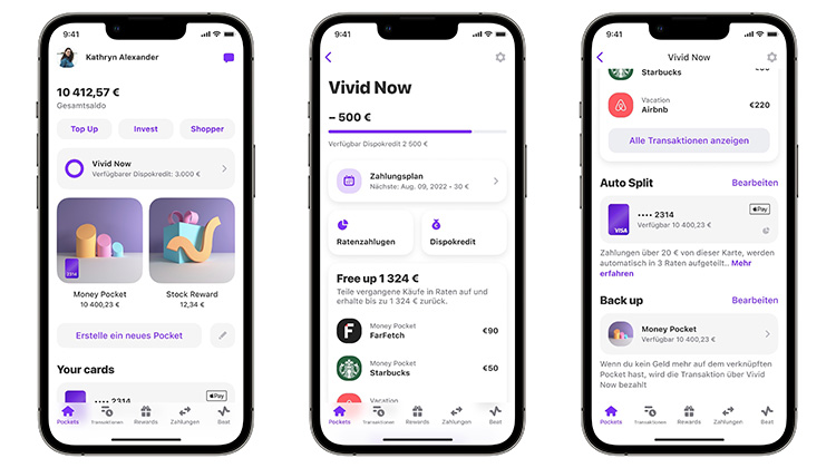Drei Smartphone-Ansichten der Neo-Bank Vivid